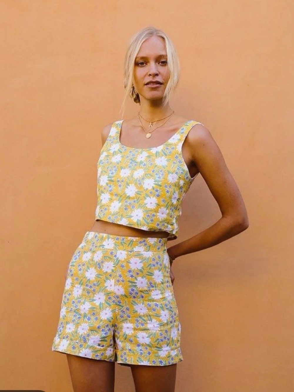 ROVE Linen Anthropologie Yellow Floral Daisy Crop Top M